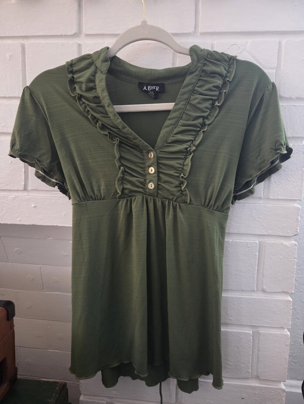 A. Byer Olive Green Ruffle V-Neck Women's Top